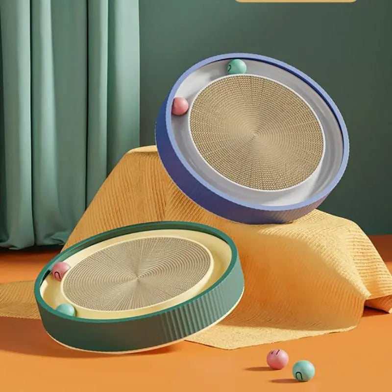 Cat Scratcher Lounge Bed Toy 40cm Round Foldable Cardboard Pad with Ball Track - Blue Wholesale Hub