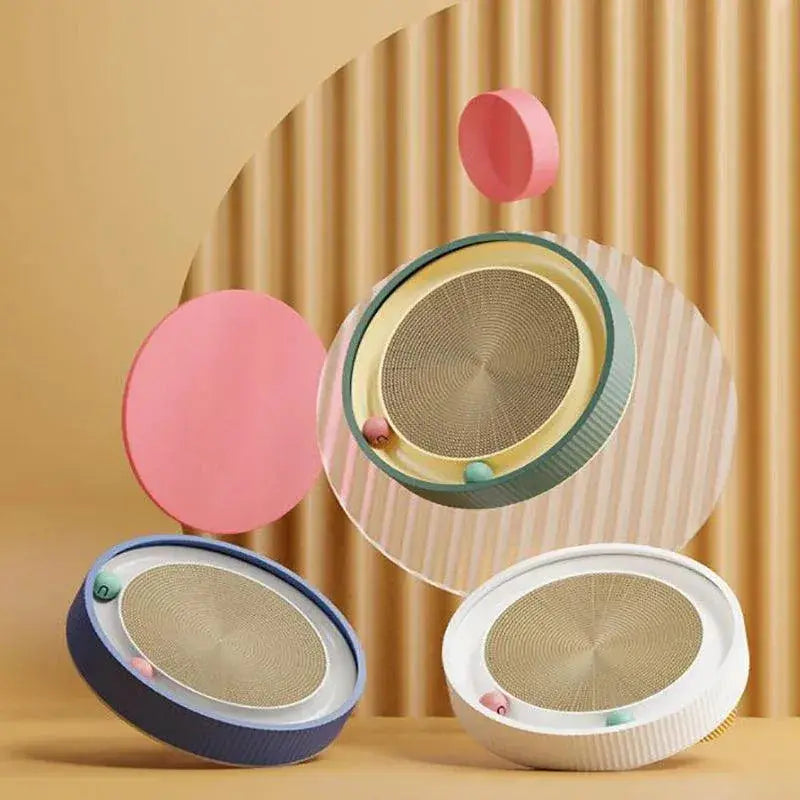 Cat Scratcher Lounge Bed Toy 40cm Round Foldable Cardboard Pad with Ball Track - White Wholesale Hub