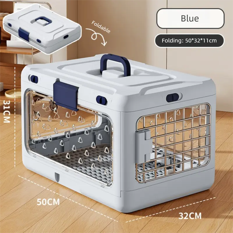 Blue Premium Foldable Pet Carrier Crate - Breathable Aviation Travel Box for Cats & Small Dogs up to 10kg - Portable Car & Flight Transport Case Wholesale Hub