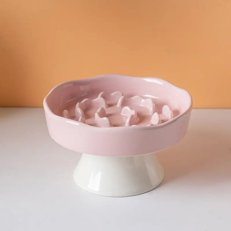 Pink Ceramic Elevated Slow Feeder Bowl Raised Pet Dish 310ml Anti-Vomit Puzzle Design for Cats and Small Dogs Healthy Digestion Sturdy Base Wholesale Hub
