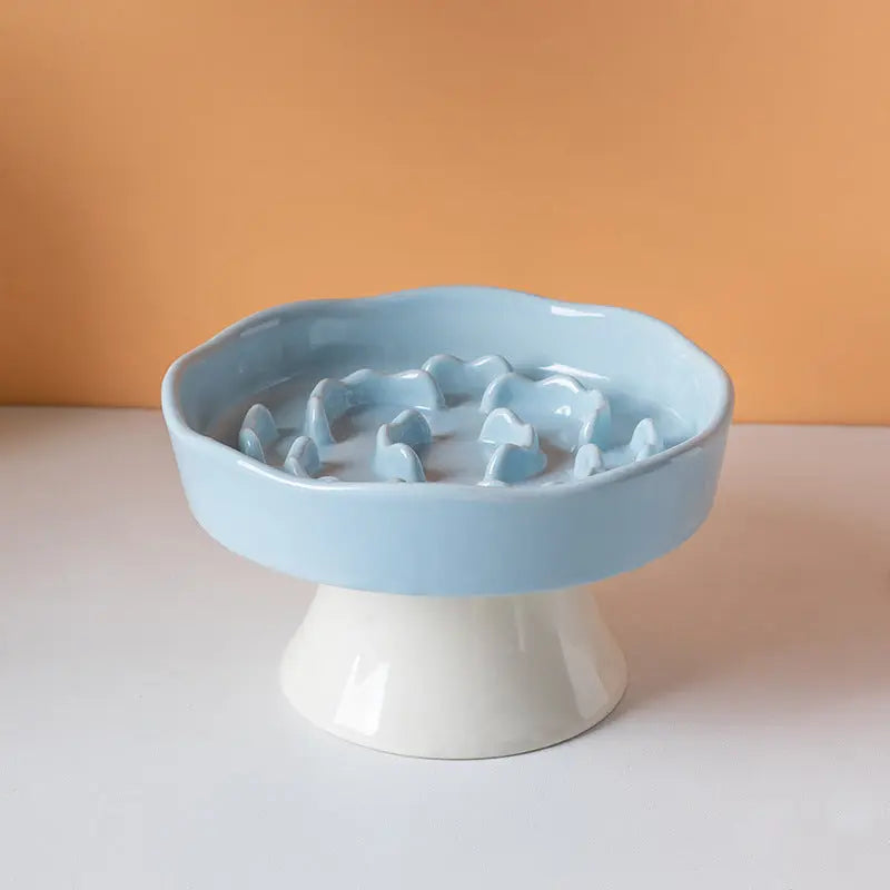 Blue Ceramic Elevated Slow Feeder Bowl Raised Pet Dish 310ml Anti-Vomit Puzzle Design for Cats and Small Dogs Healthy Digestion Sturdy Base Wholesale Hub