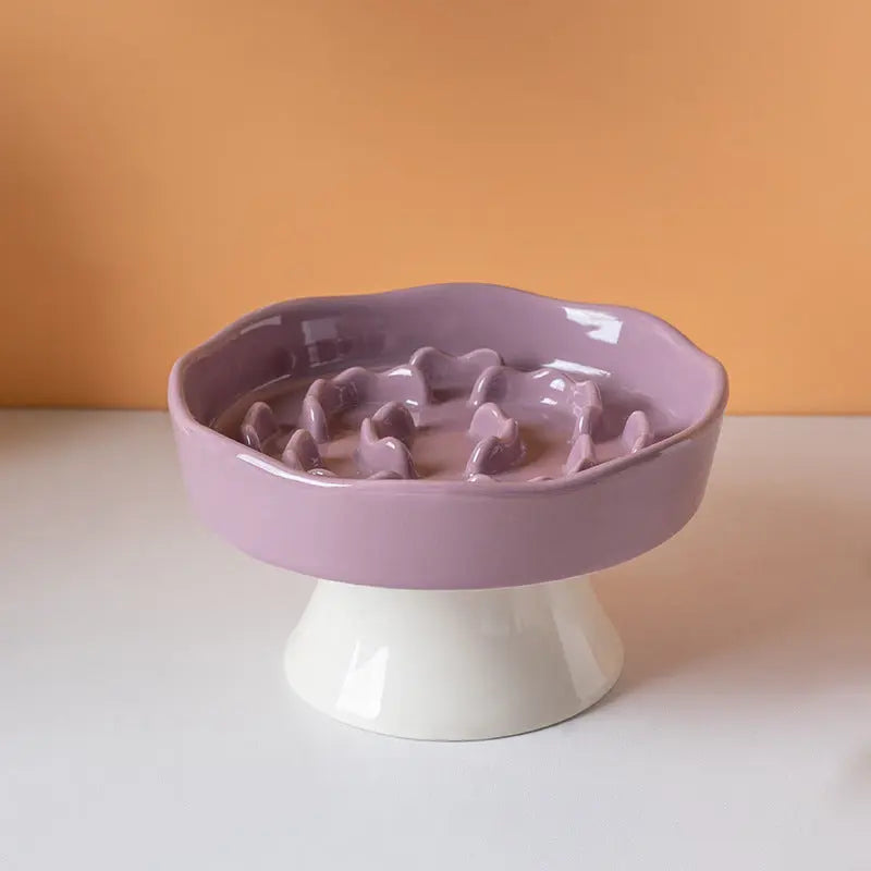 Purple Ceramic Elevated Slow Feeder Bowl Raised Pet Dish 310ml Anti-Vomit Puzzle Design for Cats and Small Dogs Healthy Digestion Sturdy Base Wholesale Hub
