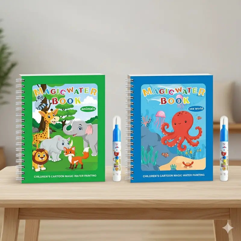 2 PCS Magic Water Colouring Book Animals & Sea World Themes Reusable Painting Activity Set Mess Free Travel Toy for Kids Wholesale Hub