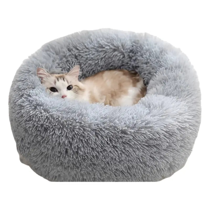 Grey Cozy Donut Long Plush Cat & Dog Calming Bed(Diameter 50cm) - Double-Layer PP Cotton Filling Warming Pet Bed with Anti-Slip Base & Free Blanket Wholesale Hub