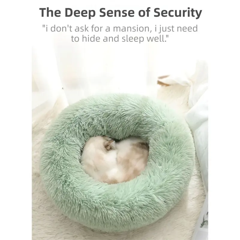 Green Cozy Donut Long Plush Cat & Dog Calming Bed(Diameter 50cm) - Double-Layer PP Cotton Filling Warming Pet Bed with Anti-Slip Base & Free Blanket Wholesale Hub