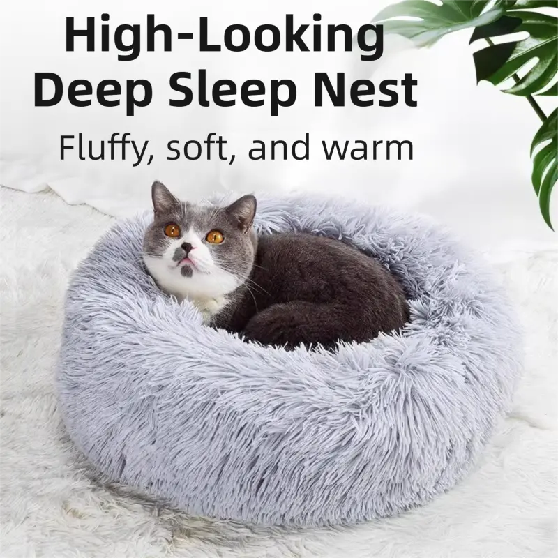 Rainbow Colors Cozy Donut Long Plush Cat & Dog Calming Bed(Diameter 50cm) - Double-Layer PP Cotton Filling Warming Pet Bed with Anti-Slip Base & Free Blanket Wholesale Hub