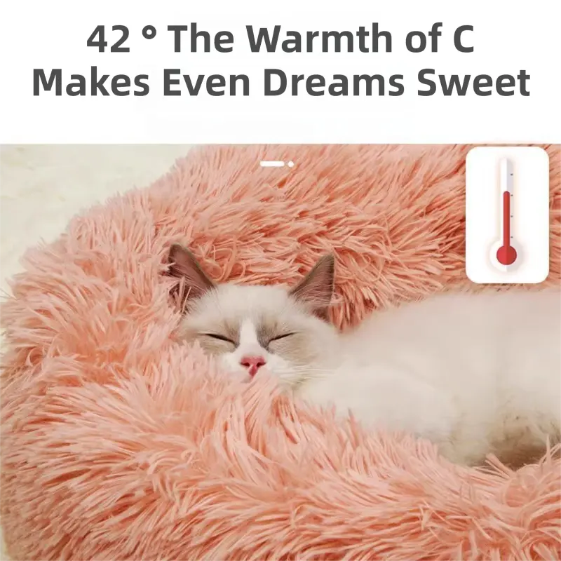 Rainbow Colors Cozy Donut Long Plush Cat & Dog Calming Bed(Diameter 50cm) - Double-Layer PP Cotton Filling Warming Pet Bed with Anti-Slip Base & Free Blanket Wholesale Hub