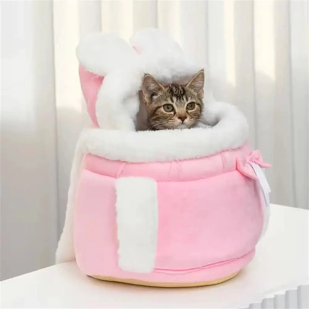 Pink 2-in-1 Ultra-Soft Plush Pet Carrier & Mobile Bed - Portable & Lightweight Cute Rabbit Ear Design Travel Cabin (M 25 x 25 x 20.5CM) Wholesale Hub