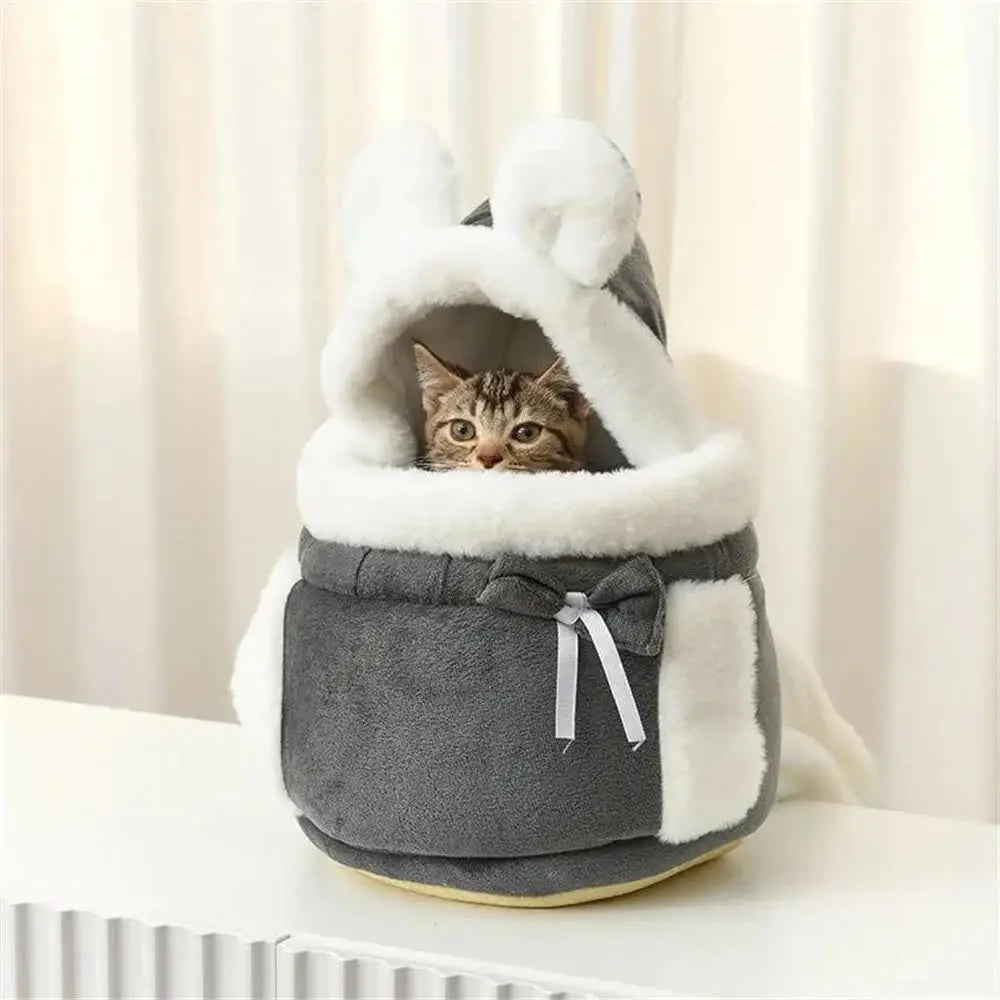 Grey 2-in-1 Ultra-Soft Plush Pet Carrier & Mobile Bed - Portable & Lightweight Cute Rabbit Ear Design Travel Cabin (L 33 x 25 x 27CM) Wholesale Hub