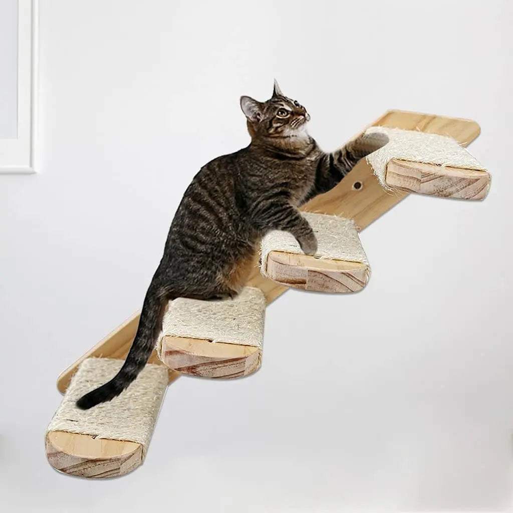 4-Tier Solid Wood Wall-Mounted Cat Climbing Ladder - Vertical Jumping Steps for Indoor Cats with Installation Kit Wholesale Hub