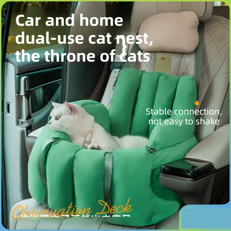 Green 2-in-1 Fluffy Travel Cat Bed & Car Safety Seat - Enclosed Windproof Pet Carrier with Reversible Summer/Winter Cushion, Reinforced Handle and Escape-Proof Leash Wholesale Hub