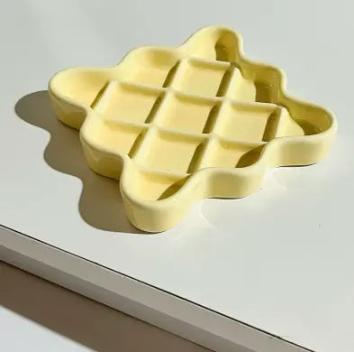 Yellow Ceramic Slow Feeder Licking Plate for Cats and Dogs | Raised Anti-Choking Grid Design | 11.5 cm Durable Pet Dish Wholesale Hub
