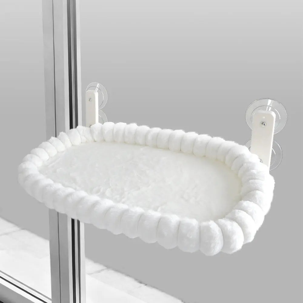White Plush Cat Window Hammock with Strong Suction Cups, Faux Rabbit Fur Pet Bed for Cats and Small Dogs, Space-Saving Foldable Hanging Cat Perch for Sunbathing and Relaxation Wholesale Hub