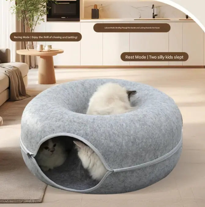 Pink Felt Donut Cat Bed with Zipper Tunnel Toy, Double-Layer Pet Cave for Cats, M Size (50x20cm), Cozy Hideaway for Indoor Cats Wholesale Hub