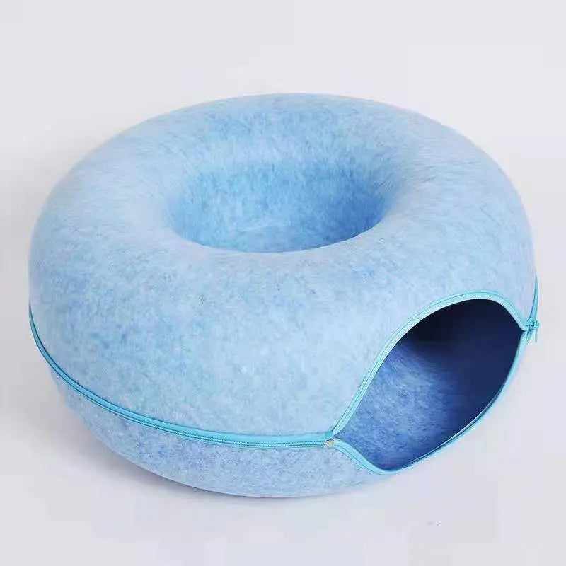 Sky blue Felt Donut Cat Bed with Zipper Tunnel Toy, Double-Layer Pet Cave for Cats, M Size (50x20cm), Cozy Hideaway for Indoor Cats Wholesale Hub