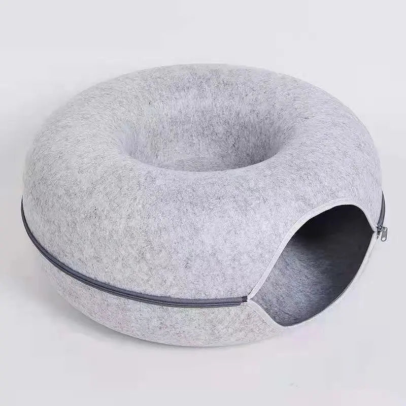 Light grey Felt Donut Cat Bed with Zipper Tunnel Toy, Double-Layer Pet Cave for Cats, M Size (50x20cm), Cozy Hideaway for Indoor Cats Wholesale Hub