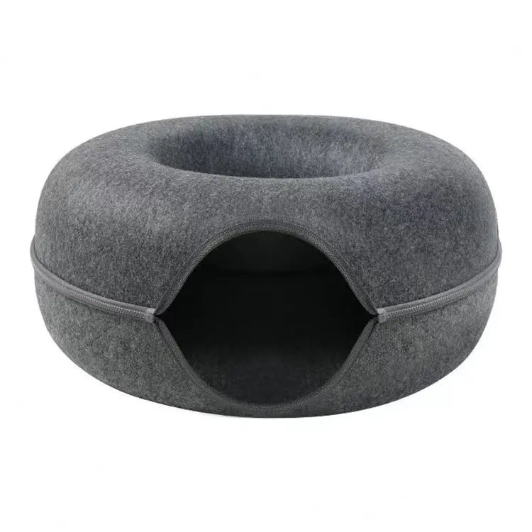 Dark grey Felt Donut Cat Bed with Zipper Tunnel Toy, Double-Layer Pet Cave for Cats, M Size (50x20cm), Cozy Hideaway for Indoor Cats Wholesale Hub