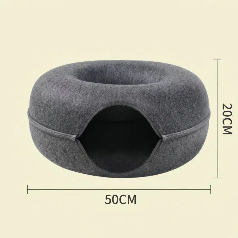 Dark grey Felt Donut Cat Bed with Zipper Tunnel Toy, Double-Layer Pet Cave for Cats, M Size (50x20cm), Cozy Hideaway for Indoor Cats Wholesale Hub