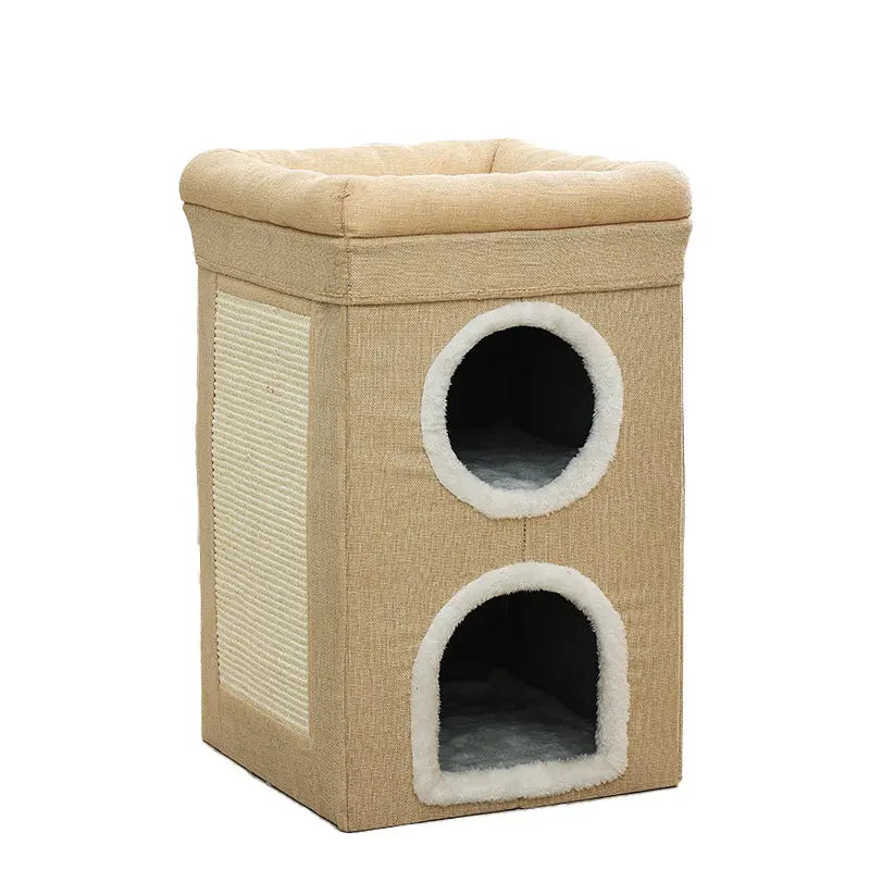 Beige 3-Story Villa Cat House with Scratching Posts - Foldable Double-Decker Cat Condo, Warm & Breathable All-Season Pet Bed, Multi-Functional Play & Sleep Space, Durable Easy-Clean Fabric Wholesale Hub