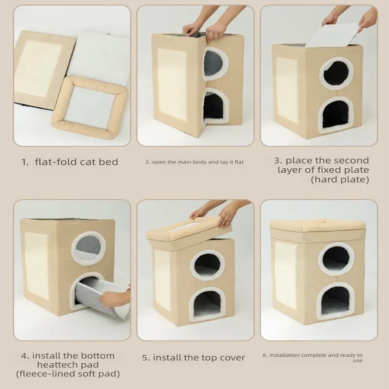 Beige 3-Story Villa Cat House with Scratching Posts - Foldable Double-Decker Cat Condo, Warm & Breathable All-Season Pet Bed, Multi-Functional Play & Sleep Space, Durable Easy-Clean Fabric Wholesale Hub