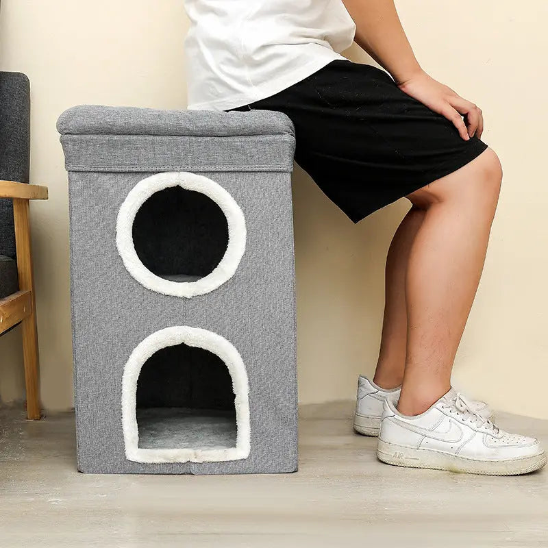 Grey 3-Story Villa Cat House with Scratching Posts - Foldable Double-Decker Cat Condo, Warm & Breathable All-Season Pet Bed, Multi-Functional Play & Sleep Space, Durable Easy-Clean Fabric Wholesale Hub