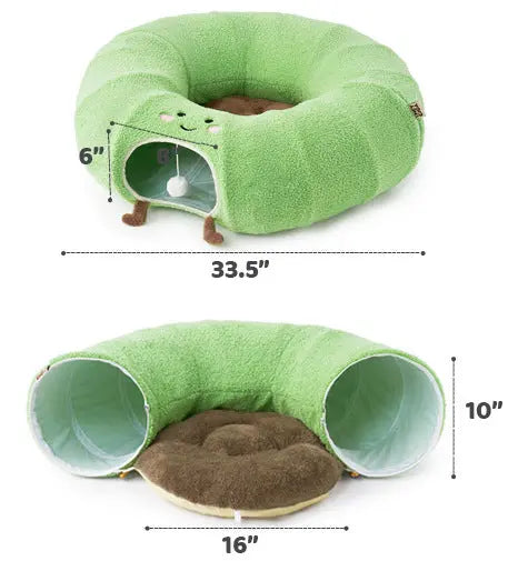 Green Cute Foldable Cat Tunnel Bed with Dual-Zipper Detachable & Connectable Design - 2-in-1 Versatile Circular Doughnut Nest & S-Curve Play Center, Easy Fold-Away Storage (85x85x26CM) Wholesale Hub