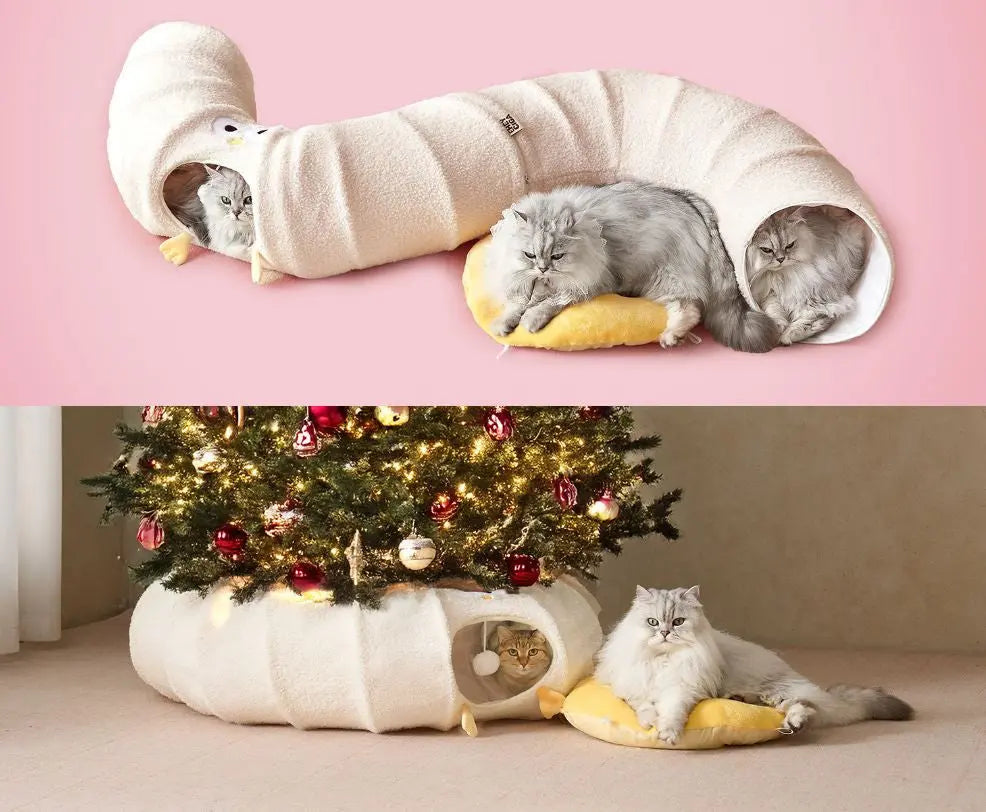 Yellow Cute Foldable Cat Tunnel Bed with Dual-Zipper Detachable & Connectable Design - 2-in-1 Versatile Circular Doughnut Nest & S-Curve Play Center, Easy Fold-Away Storage (85x85x26CM) Wholesale Hub