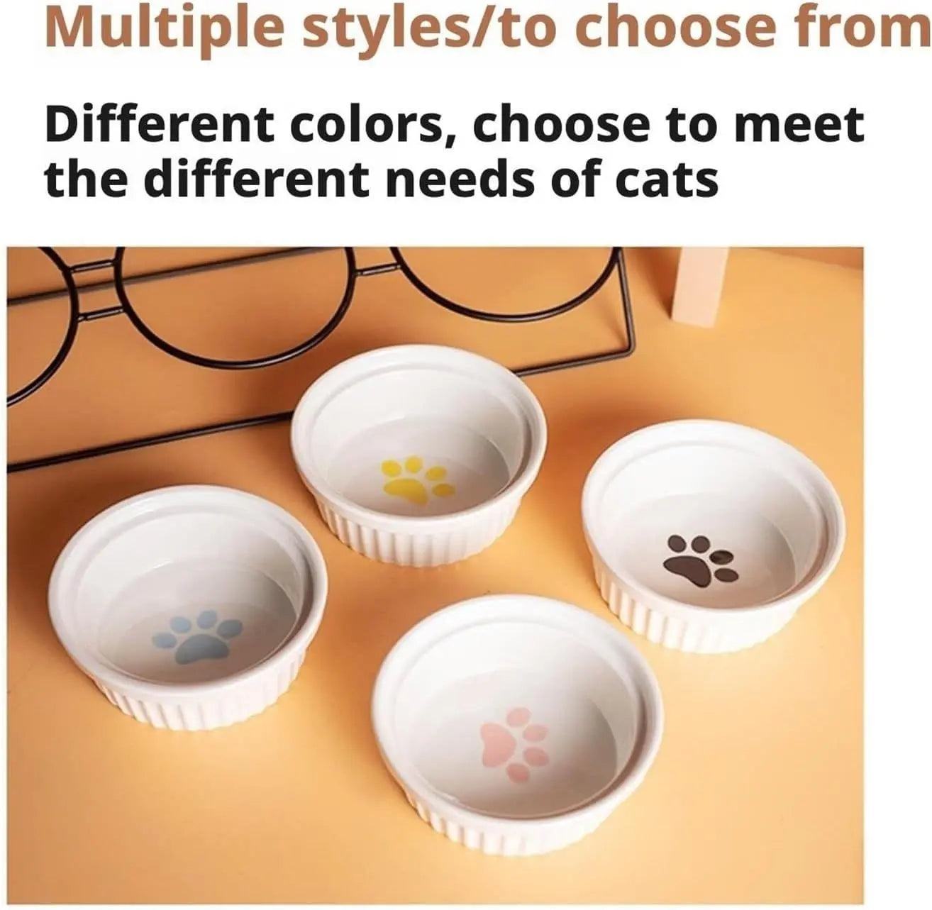 Triple Slanted Ceramic Pet Bowl Set with Elevated Iron Stand and Non Slip Base - 3 x 300ML Versatile Yellow Cat Paw Print Pattern Dishes for Water & Food Wholesale Hub