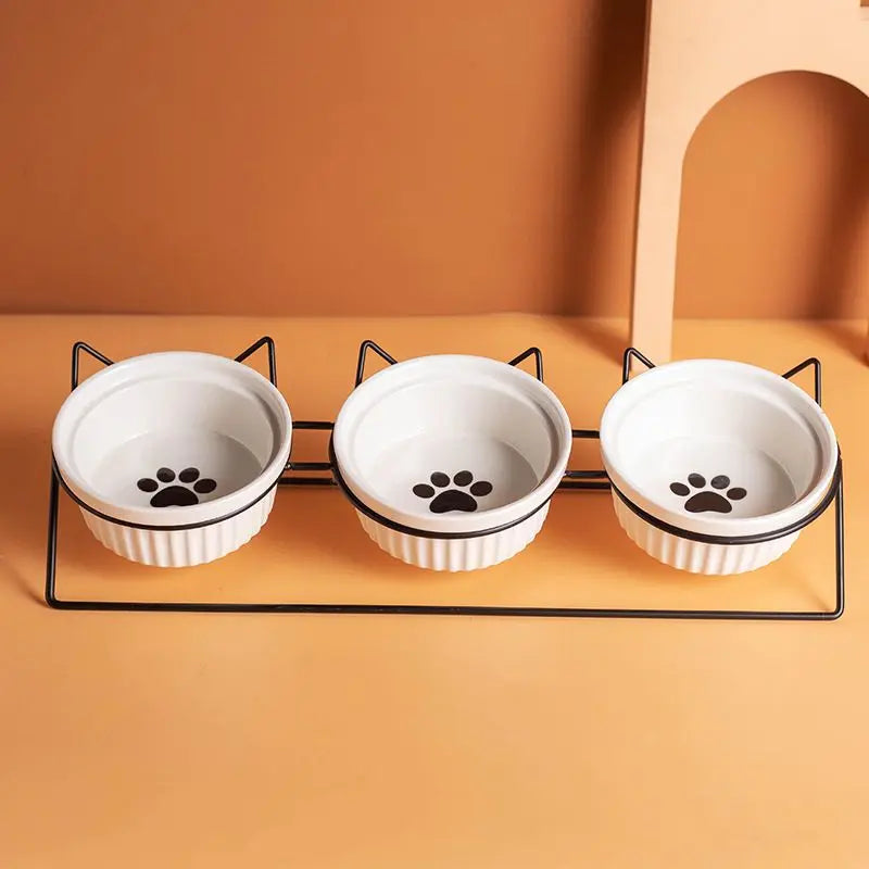 Triple Slanted Ceramic Pet Bowl Set with Elevated Iron Stand and Non Slip Base - 3 x 300ML Versatile Black Cat Paw Print Pattern Dishes for Water & Food Wholesale Hub