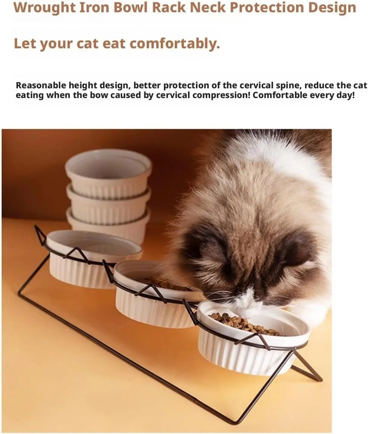 Triple Slanted Ceramic Pet Bowl Set with Elevated Iron Stand and Non Slip Base - 3 x 300ML Versatile Black Cat Paw Print Pattern Dishes for Water & Food Wholesale Hub