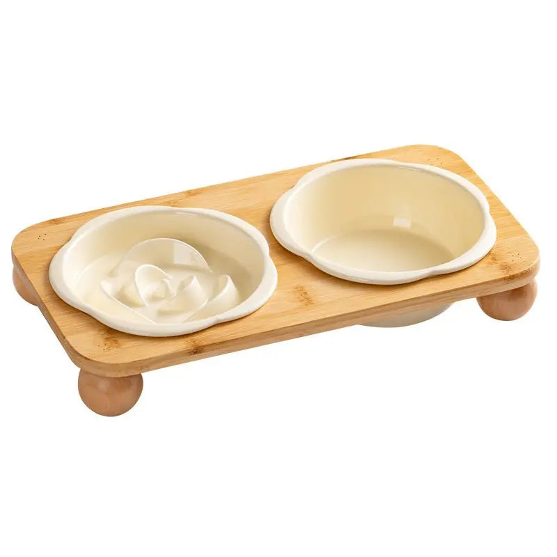 Yellow Ceramic Floral Cat Slow Feeder(190ML) & Water Bowl(320ML) Set - Dishwasher Safe Pet Dual Dining Kit with Neck-Friendly Elevated Stand Wholesale Hub
