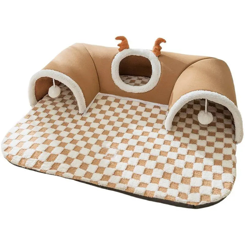 Brown  M size Cat Tunnel Bed House 4-Season Universal Removable Washable U-Shaped Cat Cave with Multi-Entrance, Plush Hideaway Pet Nest with Detachable Mat for Indoor Cats, Non-Slip Bottom, Multi-Cat Friendly Wholesale Hub