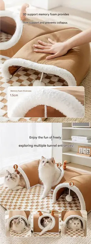 Brown  L size Cat Tunnel Bed House 4-Season Universal Removable Washable U-Shaped Cat Cave with Multi-Entrance, Plush Hideaway Pet Nest with Detachable Mat for Indoor Cats, Non-Slip Bottom, Multi-Cat Friendly Wholesale Hub