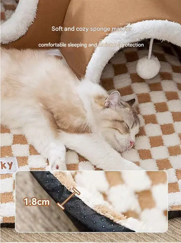 Brown XL size Cat Tunnel Bed House 4-Season Universal Removable Washable U-Shaped Cat Cave with Multi-Entrance, Plush Hideaway Pet Nest with Detachable Mat for Indoor Cats, Non-Slip Bottom, Multi-Cat Friendly Wholesale Hub