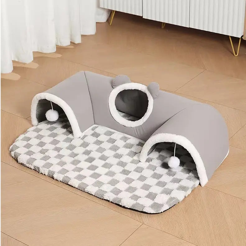 Grey  S size Cat Tunnel Bed House 4-Season Universal Removable Washable U-Shaped Cat Cave with Multi-Entrance, Plush Hideaway Pet Nest with Detachable Mat for Indoor Cats, Non-Slip Bottom, Multi-Cat Friendly Wholesale Hub