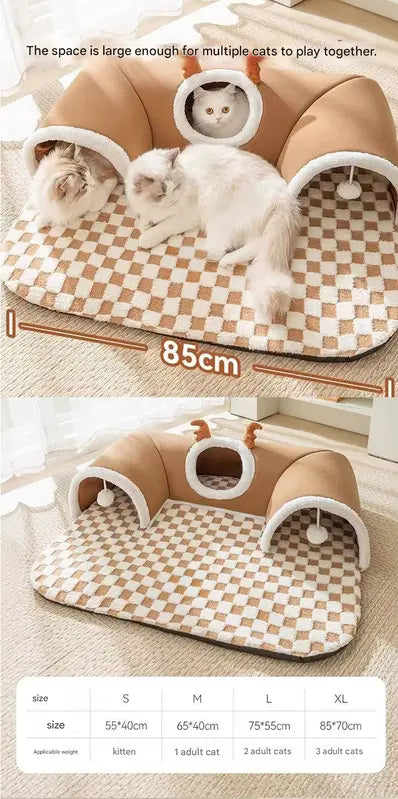 Grey  S size Cat Tunnel Bed House 4-Season Universal Removable Washable U-Shaped Cat Cave with Multi-Entrance, Plush Hideaway Pet Nest with Detachable Mat for Indoor Cats, Non-Slip Bottom, Multi-Cat Friendly Wholesale Hub