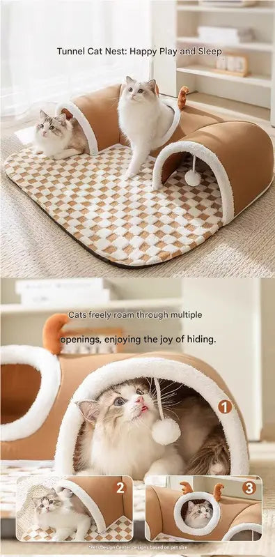 Grey L size Cat Tunnel Bed House 4-Season Universal Removable Washable U-Shaped Cat Cave with Multi-Entrance, Plush Hideaway Pet Nest with Detachable Mat for Indoor Cats, Non-Slip Bottom, Multi-Cat Friendly Wholesale Hub