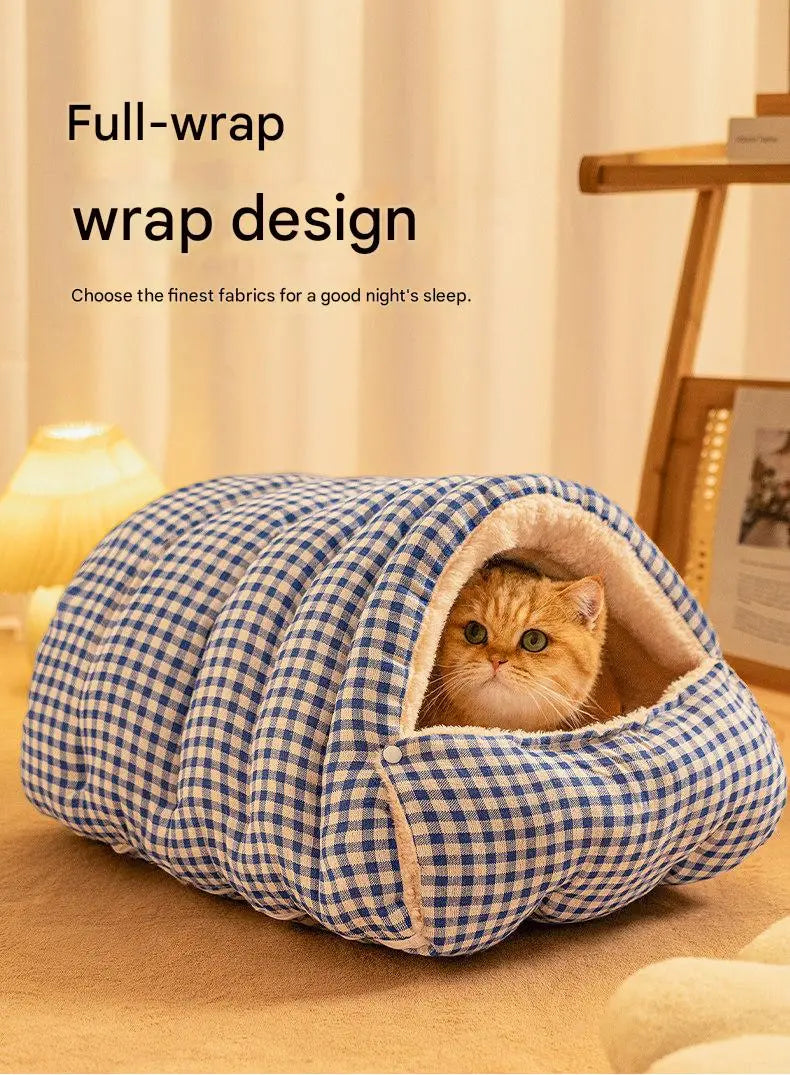 M size Blue Plaid Cat Cave Bed Winter Warm Enclosed Pet House Cozy Cat Sleeping Bag Semi-Enclosed Cat Nest Small Dog Bed PP Cotton Filling Washable Pet Supplies Wholesale Hub
