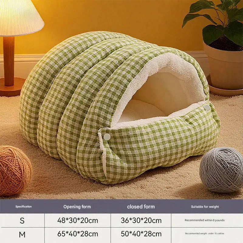 S size Green Plaid Cat Cave Bed Winter Warm Enclosed Pet House Cozy Cat Sleeping Bag Semi-Enclosed Cat Nest Small Dog Bed PP Cotton Filling Washable Pet Supplies Wholesale Hub