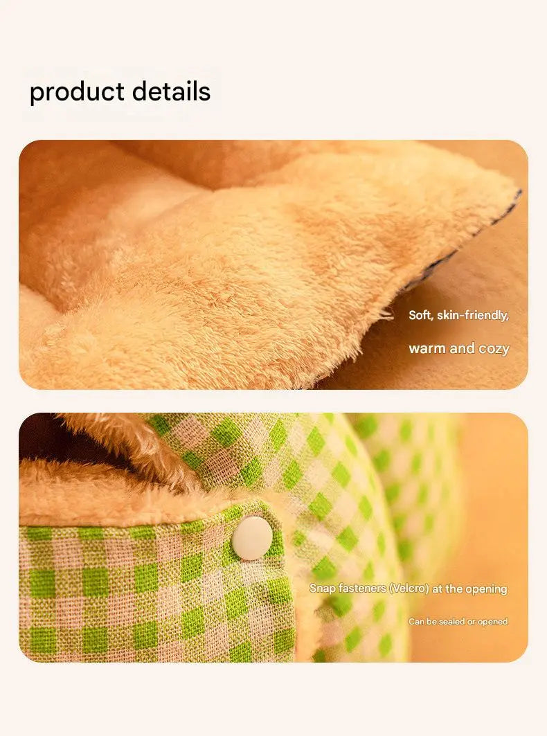 M size Green Plaid Cat Cave Bed Winter Warm Enclosed Pet House Cozy Cat Sleeping Bag Semi-Enclosed Cat Nest Small Dog Bed PP Cotton Filling Washable Pet Supplies Wholesale Hub