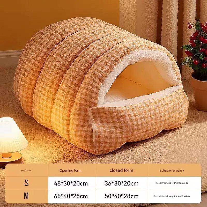 M size Orange Plaid Cat Cave Bed Winter Warm Enclosed Pet House Cozy Cat Sleeping Bag Semi-Enclosed Cat Nest Small Dog Bed PP Cotton Filling Washable Pet Supplies Wholesale Hub