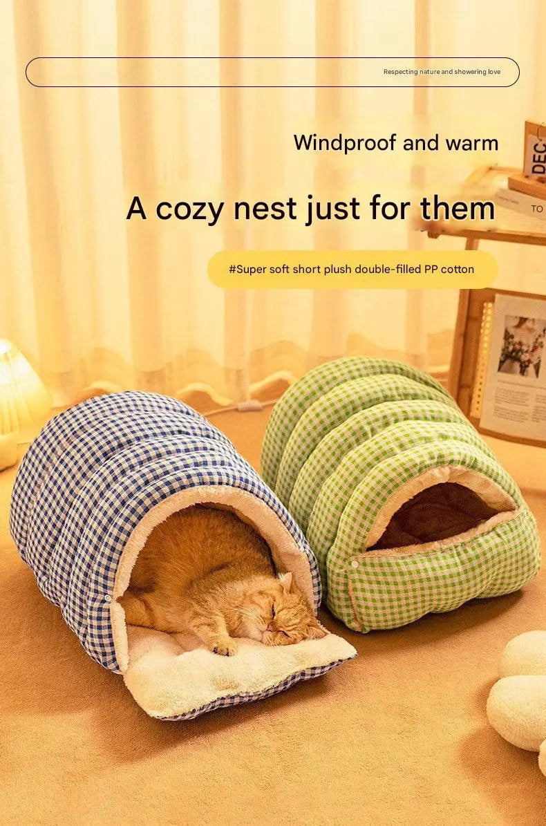 S size Yellow Plaid Cat Cave Bed Winter Warm Enclosed Pet House Cozy Cat Sleeping Bag Semi-Enclosed Cat Nest Small Dog Bed PP Cotton Filling Washable Pet Supplies Wholesale Hub