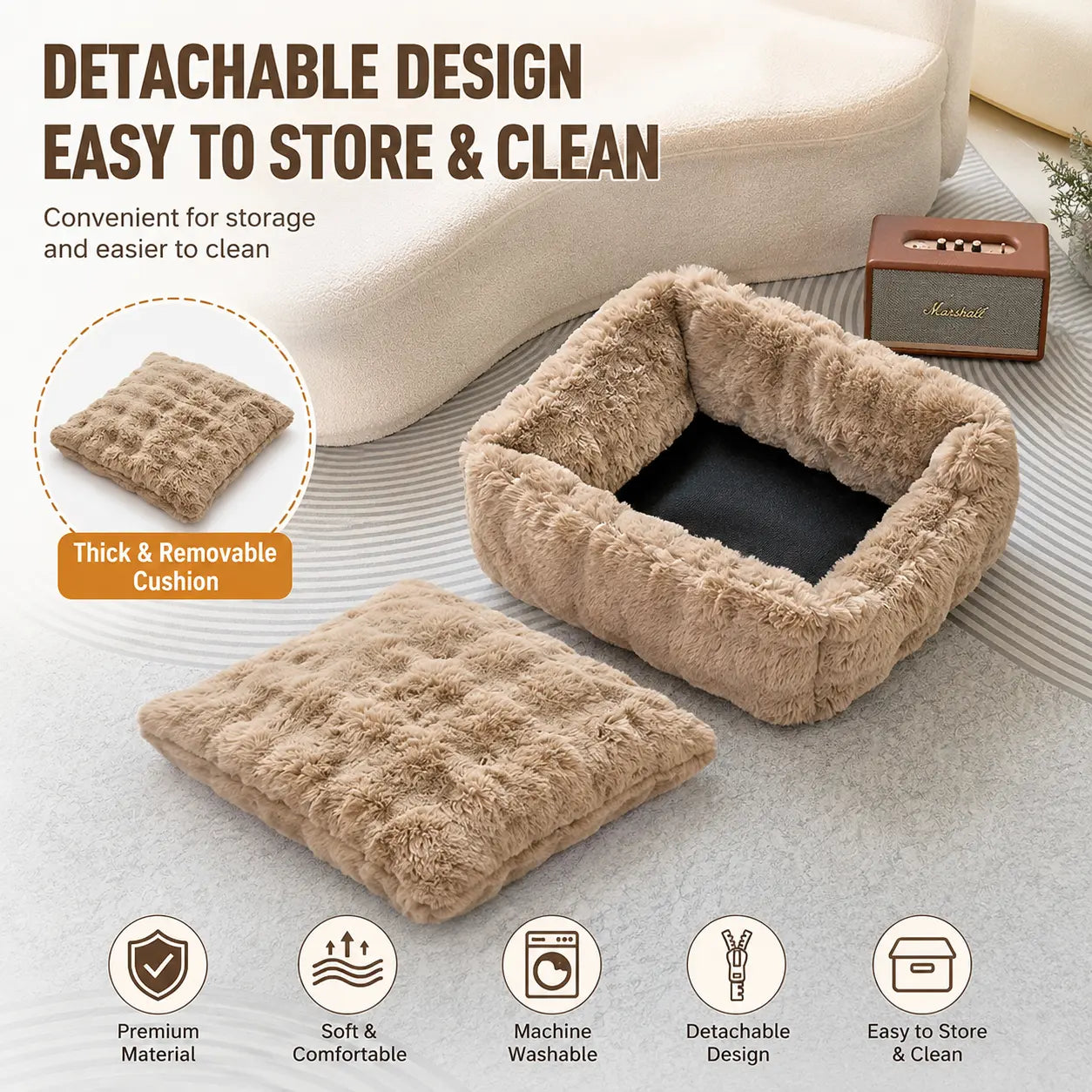 Brown Bubble Plush Pet Sofa Bed with Removable Cushion S Size 60*45*23CM – Ultra-Soft Winter Thickened Warm Pet Nest with Raised Bolster Edges, Washable Plush Cover and Non-Slip Base, Cozy and Soft Sleeping Space for Dog & Cat Home Use Wholesale Hub