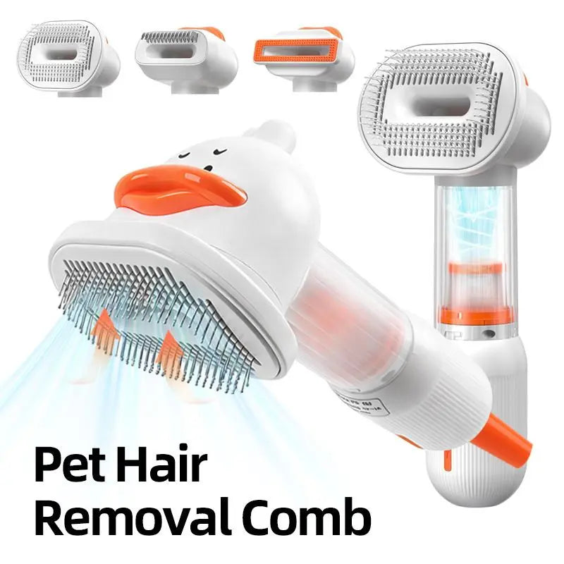 White Rechargeable Pet Grooming Vacuum Brush and Hair Deshedding Comb with 140° Curved Pin Comb & Removable Collection Chamber, 4-in-1 Self-Cleaning Slicker Brush, Detangling Rake, Silicone Cleaning Brush & Blow Nozzle for Cats and Dogs Wholesale Hub