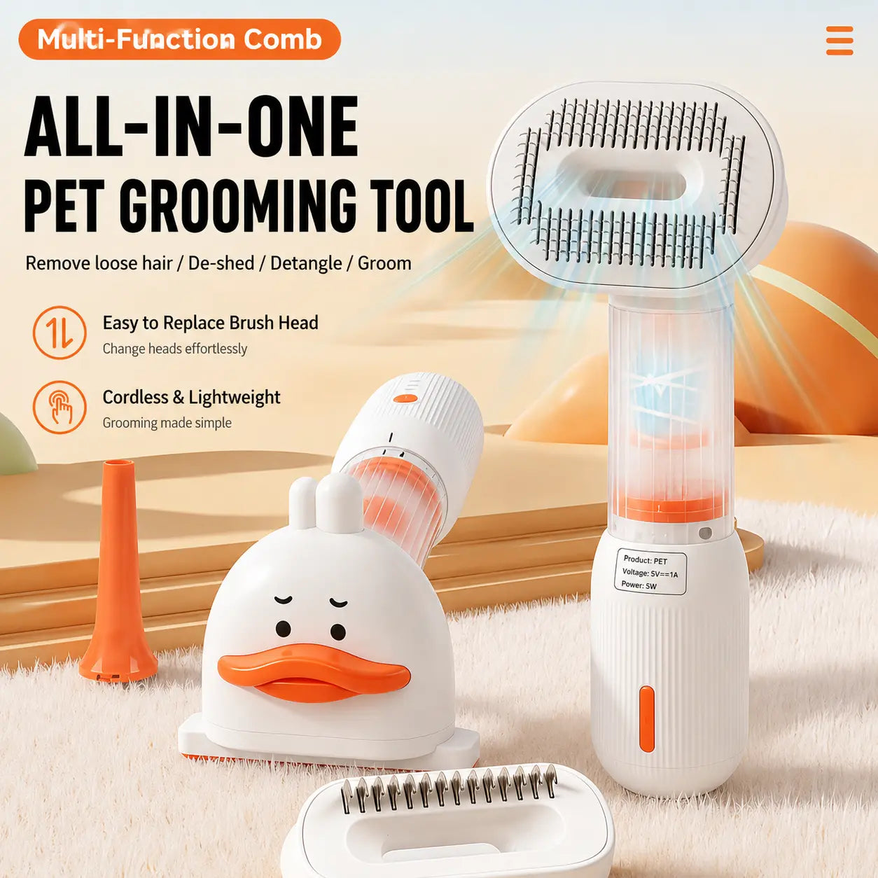 White Rechargeable Pet Grooming Vacuum Brush and Hair Deshedding Comb with 140° Curved Pin Comb & Removable Collection Chamber, 4-in-1 Self-Cleaning Slicker Brush, Detangling Rake, Silicone Cleaning Brush & Blow Nozzle for Cats and Dogs Wholesale Hub