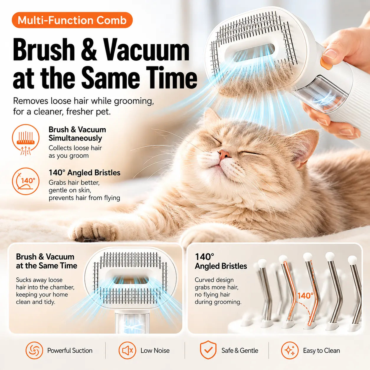White Rechargeable Pet Grooming Vacuum Brush and Hair Deshedding Comb with 140° Curved Pin Comb & Removable Collection Chamber, 4-in-1 Self-Cleaning Slicker Brush, Detangling Rake, Silicone Cleaning Brush & Blow Nozzle for Cats and Dogs Wholesale Hub