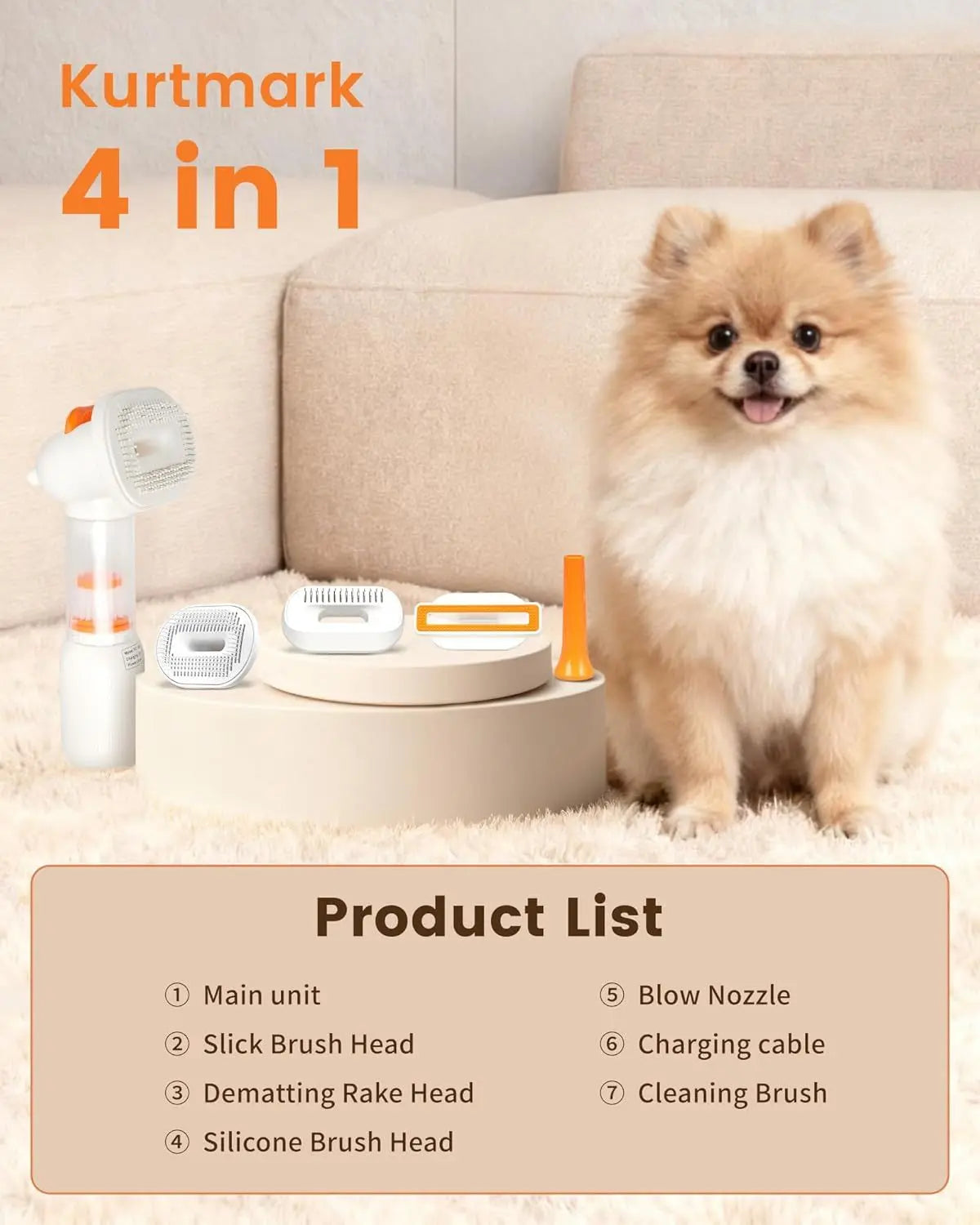 White Rechargeable Pet Grooming Vacuum Brush and Hair Deshedding Comb with 140° Curved Pin Comb & Removable Collection Chamber, 4-in-1 Self-Cleaning Slicker Brush, Detangling Rake, Silicone Cleaning Brush & Blow Nozzle for Cats and Dogs Wholesale Hub
