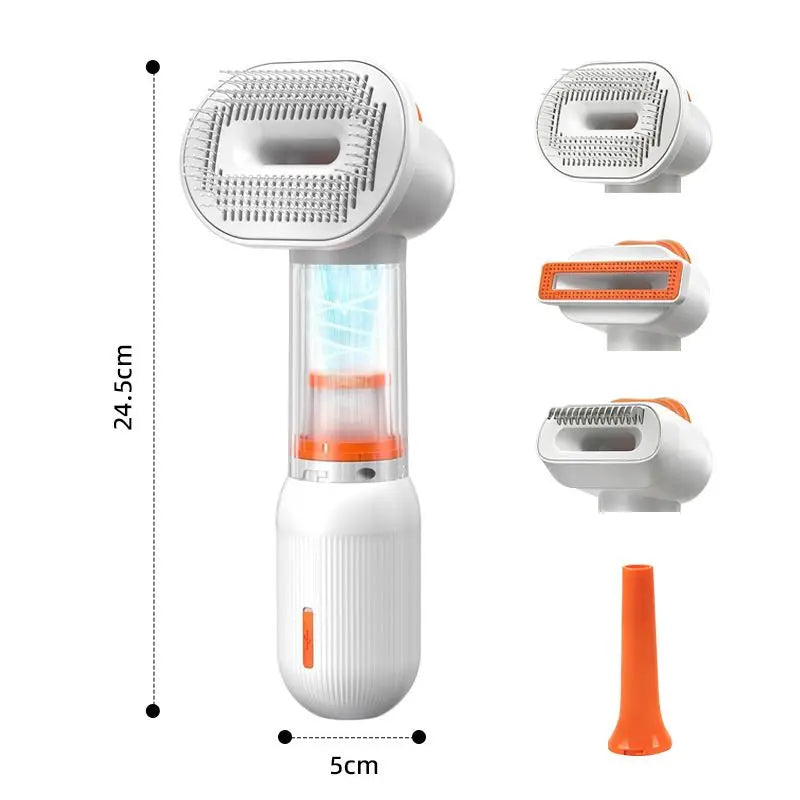 White Rechargeable Pet Grooming Vacuum Brush and Hair Deshedding Comb with 140° Curved Pin Comb & Removable Collection Chamber, 4-in-1 Self-Cleaning Slicker Brush, Detangling Rake, Silicone Cleaning Brush & Blow Nozzle for Cats and Dogs Wholesale Hub