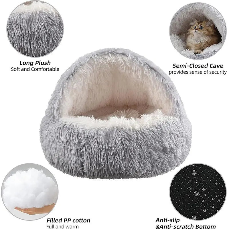 Grey Winter Long Plush Round Donut Cat Bed L Size Dia 50CM - Soft Fluffy Semi-Enclosed Pet Cave Bed with Non-Slip Base, Machine Washable for Cats Dogs Home and Travel Use Wholesale Hub