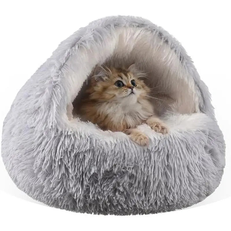 Grey Winter Long Plush Round Donut Cat Bed XL Size Dia 60CM - Soft Fluffy Semi-Enclosed Pet Cave Bed with Non-Slip Base, Machine Washable for Cats Dogs Home and Travel Use Wholesale Hub